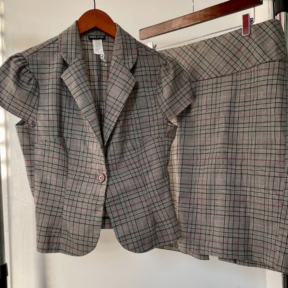 WET SEAL 90s Made in USA Plaid Blazer Pencil Skirt Suit Set L - Picture 1 of 13